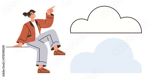 Individual sits casually while pointing upward at outlined and colored cloud shapes. Ideal for creativity, brainstorming, imagination, vision, hope, goals, future. Simple flat metaphor