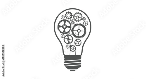 A stylized light bulb silhouette filled with intricate interlocking gears symbolizing innovation and complex ideas in a mechanical concept
