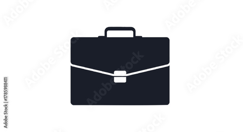 Simple dark blue silhouette of a briefcase with a handle and clasp on a white background