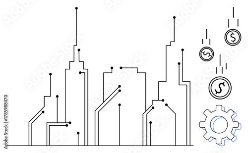 Urban skyline connected by digital circuits beside falling coins and a gear. Ideal for innovation, technology, finance, economy, engineering, automation, urbanization. Simple flat metaphor
