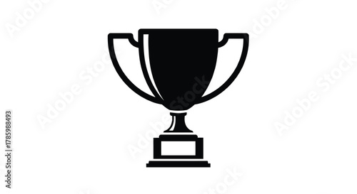 A simple black silhouette of a classic trophy cup with handles and a base on a white background symbolizing achievement and victory