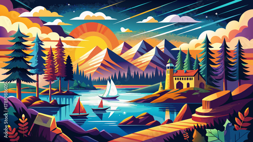 Very beautiful Minnesota travel poster illustration featuring iconic northern landscapes, lakes, pine forests, and a vibrant stylized design perfect for print decor, canvas wall art, or gift artwork i