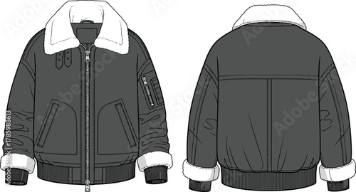 Cad drawing flat vector illustration of bomber jacket technical fashion design shearling collar ribbed cuffs zipper pockets garment construction sketch
