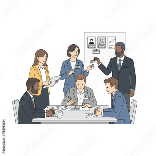 Business team meeting at a table, with people reviewing documents and exchanging information.