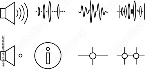 “Audio sound waveform icon set, speaker mute volume control information symbol vector illustration, digital music interface design collection”