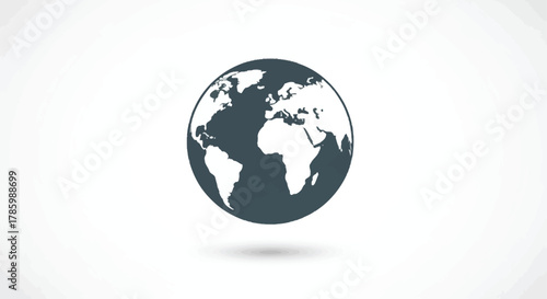 Stylized dark blue globe icon with a subtle shadow against a clean white background representing global concepts