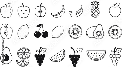 Black and white fruit illustrations, apple banana pineapple kiwi avocado orange grapes watermelon lemon peach cherry, cartoon vector drawing flat design