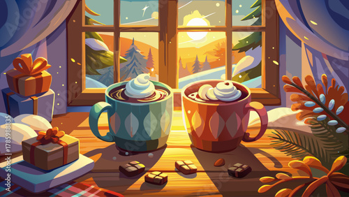 Two steaming mugs of hot cocoa topped with marshmallows on a rustic wooden table near a frosty window, soft winter sunlight streaming in, cozy blanket and pinecones around, evoking warmth, comfort