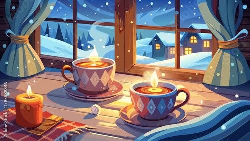 Two ceramic tea cups beside a glowing candle on a wooden surface, surrounded by snow outside the window, wool scarf and fairy lights adding warmth, creating a cozy and romantic winter cabin atmosphere