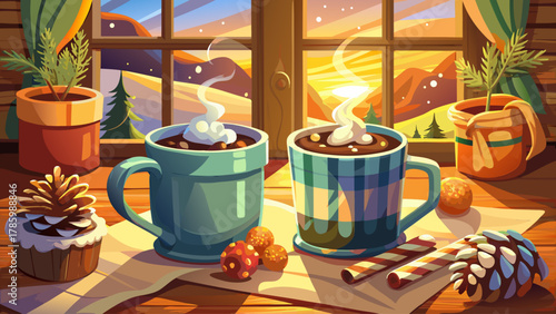 Two steaming mugs of hot cocoa topped with marshmallows on a rustic wooden table near a frosty window, soft winter sunlight streaming in, cozy blanket and pinecones around, evoking warmth, comfort