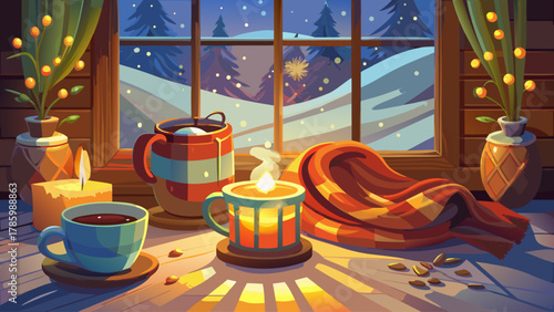 Two ceramic tea cups beside a glowing candle on a wooden surface, surrounded by snow outside the window, wool scarf and fairy lights adding warmth, creating a cozy and romantic winter cabin atmosphere