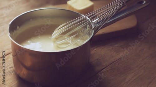 Creamy bechamel sauce in saucepan with whisk on wooden table. Generative AI