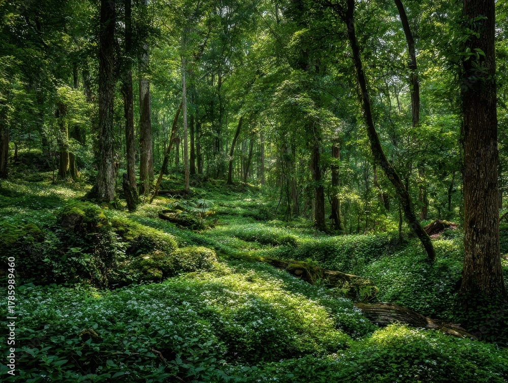 Fototapeta premium Natural Beauty Forest Sunlight Woodland Scene Vibrant Green Foliage Lush Undergrowth Serene Wildwood Environment Tranquil Outdoor Landscape Sun Dappled Trees Summer Day