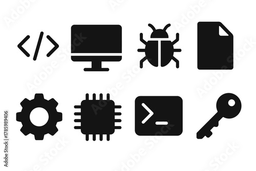 Software development icons: code, computer, bug, file, gear, chip, terminal, key