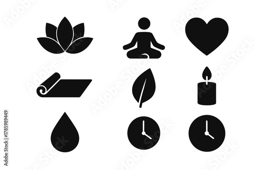 Mindfulness symbols: lotus, meditation, heart, yoga mat, leaf, candle, water drop, clocks