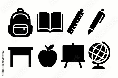 Silhouette icons of school supplies: backpack, book, ruler, pen, desk, apple, easel, globe