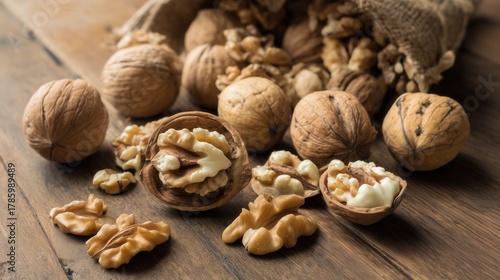 Walnuts and walnut kernels on rustic wooden table. Generative AI