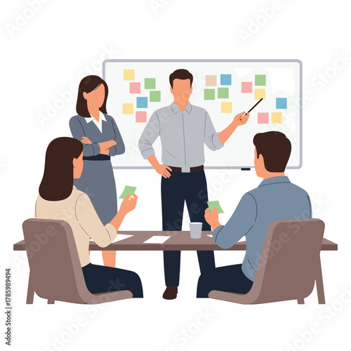 Business team meeting in a modern office with whiteboard and sticky notes illustration
