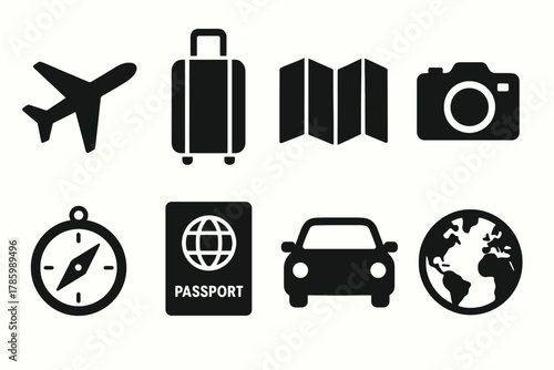 Travel icons collection with airplane, luggage, map, camera, and more