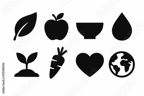 Minimalist icons: leaf, apple, bowl, water drop, plant, carrot, heart, earth symbols