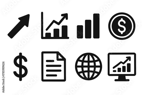 Economic growth icons: arrow, bar chart, dollar sign, document, globe, computer
