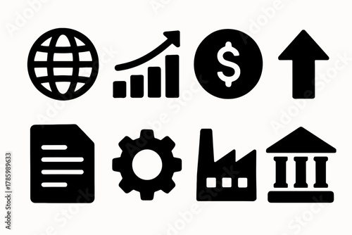 Set of business and finance icons: globe, chart, dollar, arrow, document, gear, factory, building
