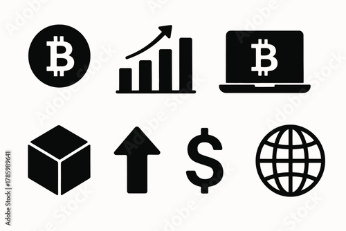 Cryptocurrency symbols: bitcoin, blockchain, and financial growth icons