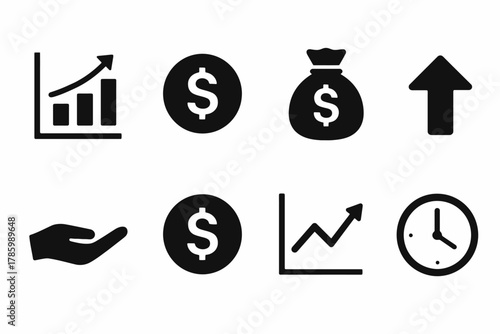 Minimalist finance icons: growth charts, dollar signs, money bag, up arrow, hand, clock