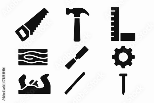 Set of black silhouette woodworking tools icons including hammer and saw