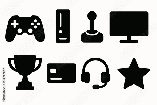 Gaming icons: controller, joystick, monitor, trophy, card, headset, star