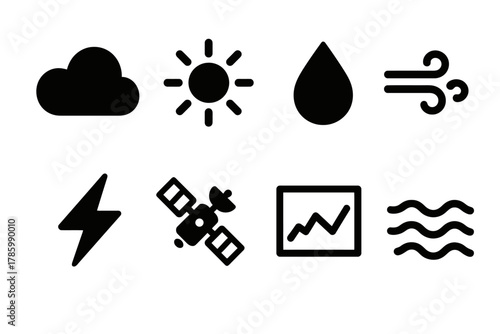 Set of weather icons: cloud, sun, rain, wind, lightning, satellite, graph, waves