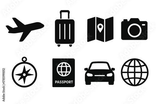 Travel icons set: airplane, suitcase, map, camera, compass, passport, car, globe