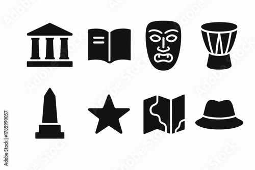 Collection of cultural icons featuring buildings, masks, drums, monuments, stars, maps, and hats