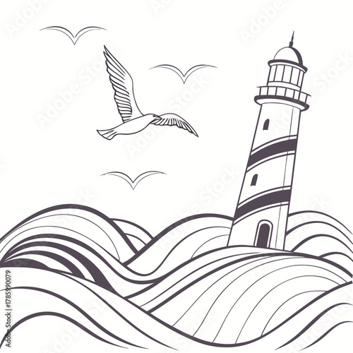 Minimalist lighthouse illustration with seagulls flying above the waves, a simple and elegant design for nautical or coastal themes