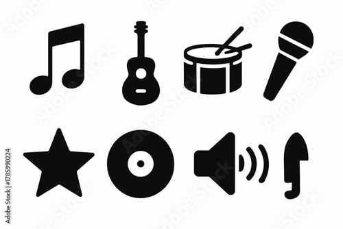 Music icons set: notes, guitar, drum, microphone, star, vinyl, speaker, rocket