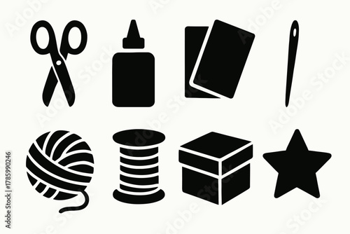 Craft tools silhouettes: scissors, glue, cards, needle, yarn, thread, box, star