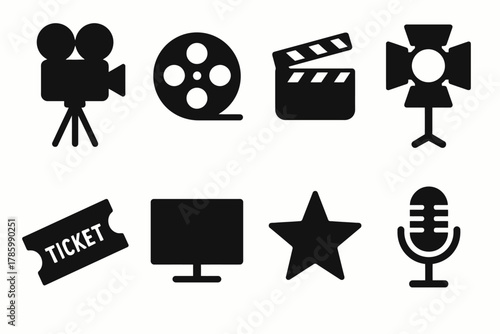 Black silhouettes of film equipment and iconic movie symbols: camera, reel, clapboard, microphone