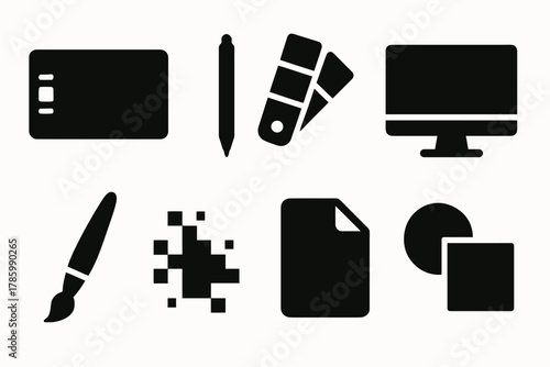 Digital art tools: graphics tablet, stylus, color swatches, monitor, brush, pixel, document and shapes icons