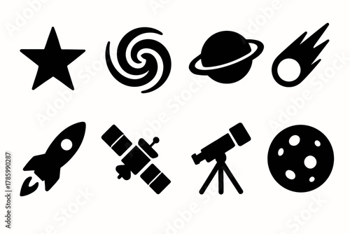 Space icons: star, spiral, planet, comet, rocket, satellite, telescope, moon