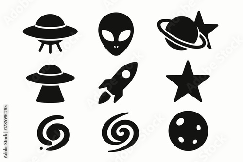 Space icons: ufo, alien, planet, rocket, star, galaxy, moon symbols in black silhouette