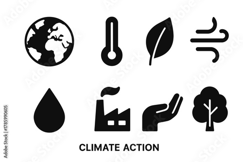 Climate action icons: earth, thermometer, leaf, wind, water, factory, hand, tree