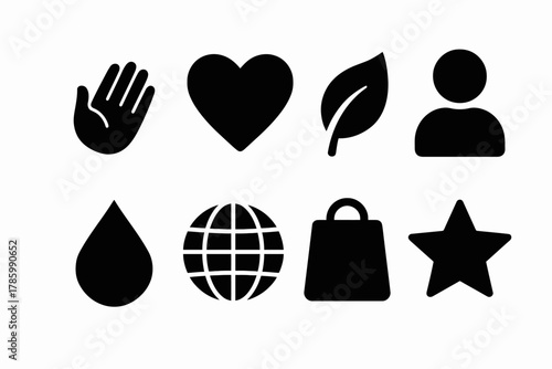 Set of minimalist icons: hand, heart, leaf, globe, and more in black silhouette