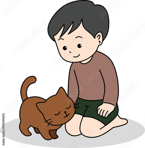 The closeness of the boy and the cat, the boy can be seen stroking the cat