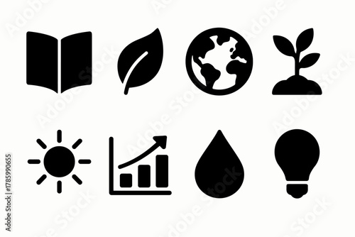 Eco icons: book, leaf, earth, plant, sun, growth, water, lightbulb