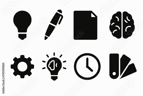 Set of black icons: lightbulb, pen, paper, brain, gear, lightbulb idea, clock, swatches