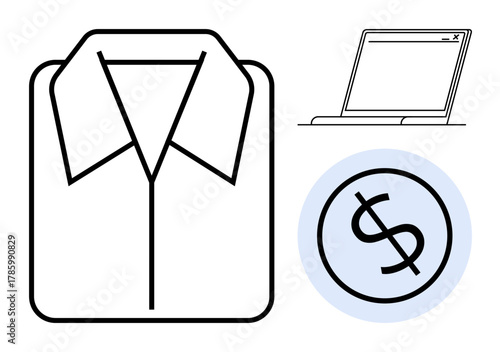 Minimalist outline of a shirt, laptop, and dollar coin symbolizing e-commerce, retail, budgeting, shopping, and financial planning. Ideal for online shopping, fashion business and modern commerce