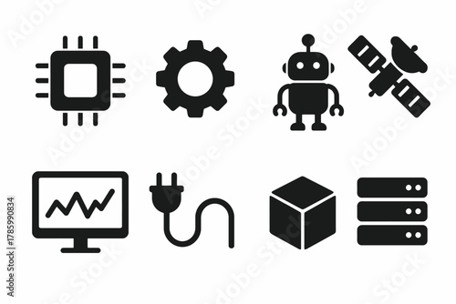 Technology icons set: chip, gear, robot, satellite, monitor, plug, cube, server