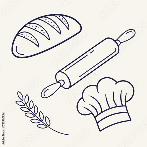 Illustration of baking tools including a loaf of bread, rolling pin, wheat stalk, and chefs hat, perfect for culinarythemed designs
