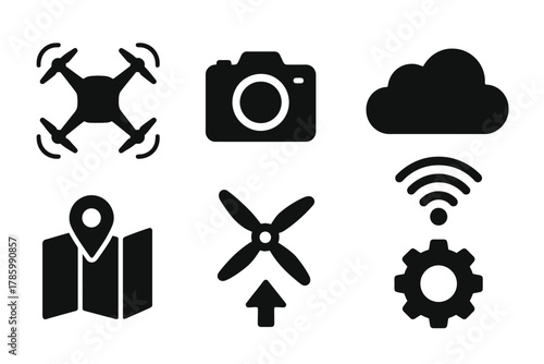 Drone and technology icons: camera, cloud, map, propeller, wifi, gear