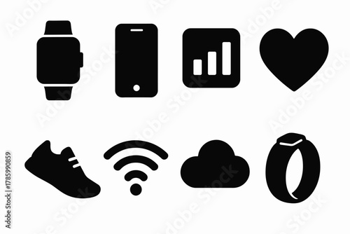 Tech icons: smartwatch, smartphone, graph, heart, shoe, wifi, cloud, fitness tracker